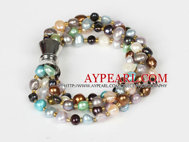 Multi Strands 3-4mm Multi Color sötvattenspÃ Pearl Armband med magnetlås