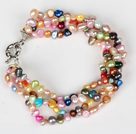 Multi Strands 3-4mm Multi Color Freshwate Pearl Bracelet with Moonligth Clasp