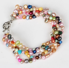 Multi Strands 3-4mm Multi Color Freshwater Pearl armbånd med Moonligth Clasp