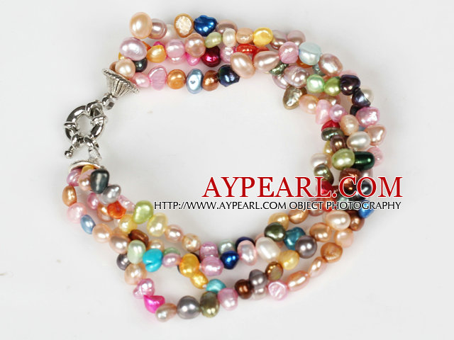 Multi Strands 3-4mm Multi Color sötvattenspÃ Pearl Armband med Moonligth Lås