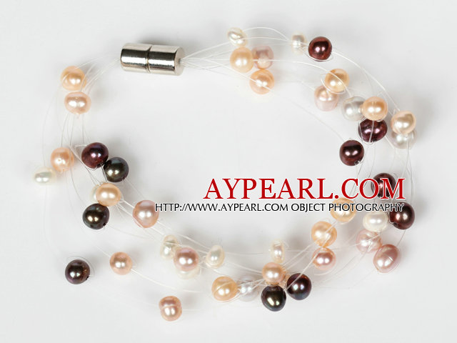 3-4mm Natural Mixed Color Ferskvann Pearl Bridal armbånd med magnetisk lås