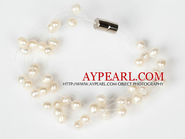 3-4mm Φυσικό Λευκό γλυκού νερού μαργαριτάρι βραχιόλι σουίτα με μαγνητικό κούμπωμα