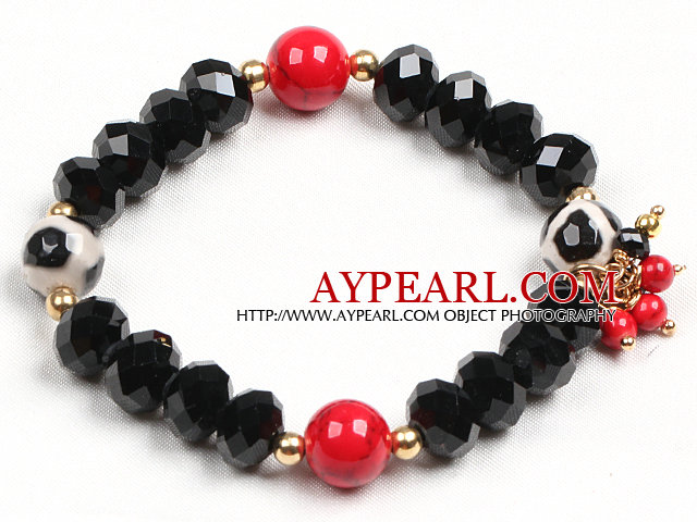 Simple Black Cristal peint à la main Agate Red Blood Stone perles Bracelet extensible / élastique