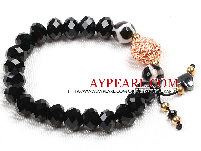 Enkel håndmalte Agate Svart Crystal perler Stretch / Elastisk armbånd med Golden Rose Color Hollow Charm