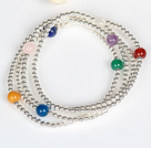 925 Silver Beads and Multi Stone Four Times Wrap Bangle Bracelet