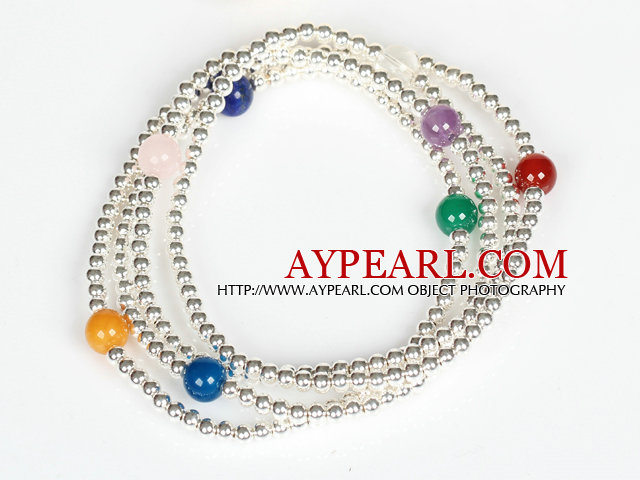 925 Silver Beads and Multi Stone Four Times Wrap Bangle Bracelet
