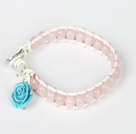 Pink Jade Leather Bracelet with White Leather and Metal Clasp