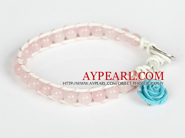 Pink Jade Leather Bracelet with White Leather and Metal Clasp