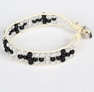 Three Rows Black Agate and Clear Crystal Leather Bracelet with Metal Clasp