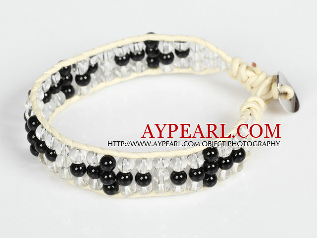 Three Rows Black Agate and Clear Crystal Leather Bracelet with Metal Clasp
