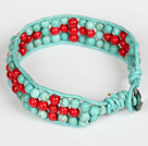 Wholesale Three Rows Turquoise and Alaqueca Leather Bracelet with Metal Clasp