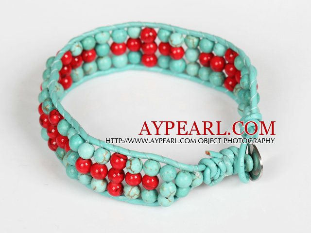 Three Rows Turquoise and Alaqueca Leather Bracelet with Metal Clasp