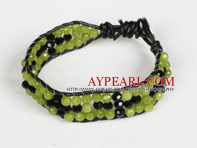 Three Rows Faceted Olivine Jade and Blue Crystal Leather Bracelet with Metal Clasp