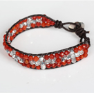 Three Rows Faceted Carnelian and Clear Crystal Leather Bracelet with Metal Clasp