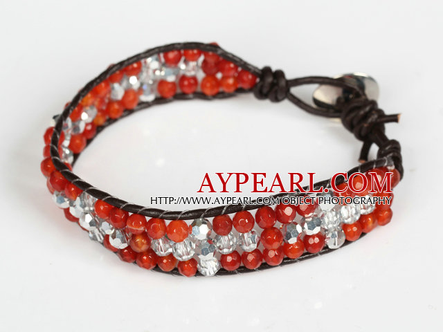 Tre Rader Fasettert Carnelian og Clear Crystal Leather armbånd med Metal Clasp