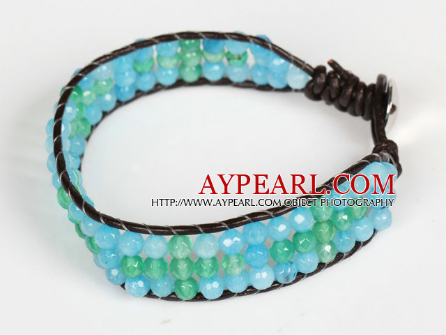 Three Rows Faceted Green Agate and Blue Jade Leather Bracelet with Metal Clasp