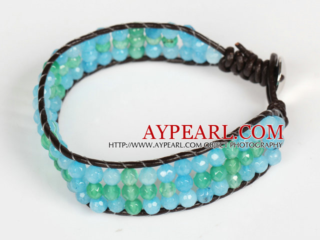 Drei Reihen Faceted Grüne Achat und blaue Jade Lederarmband mit Metallschließe