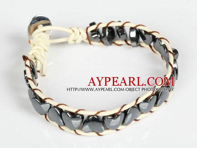 Heart Shape Tungsten Steel Stone Leather Bracelet with Metal Clasp