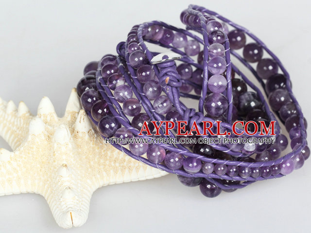 Natural Round Amethyst Pärlor Six Times Wrap Bangle Armband