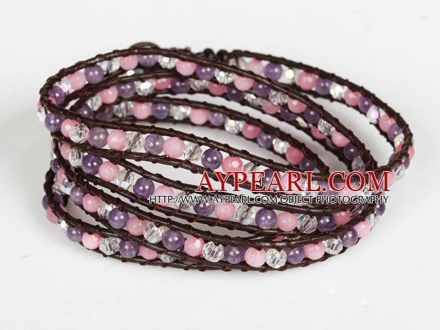 Amethyst og Pink Jade og Clear Crystal Four Times Wrap Bangle Bracelet