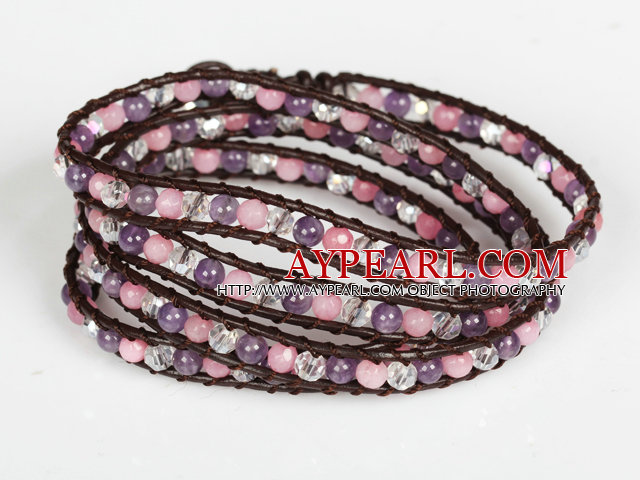 Ametist și Pink Jade și Clear Crystal patru ori Wrap brățară brățară