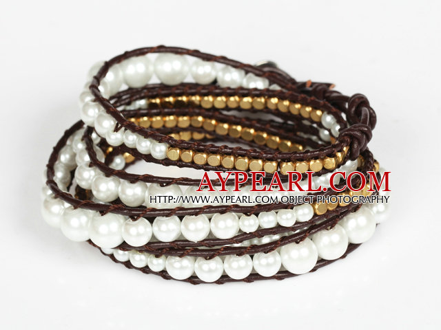 Immitation Pearl and Copper Beads Wrap Bangle Bracelet