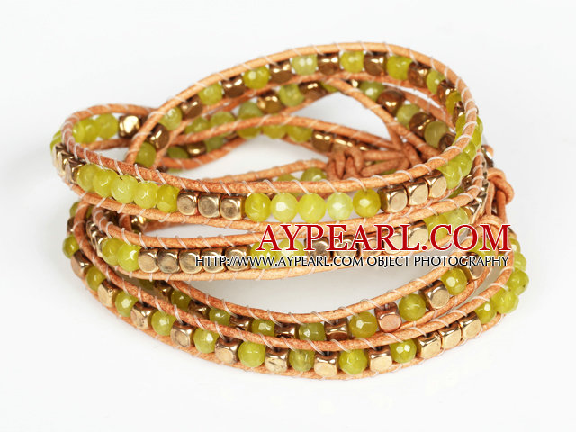 Yellow Crystal and Copper Beads Four Times Wrap Bangle Bracelet