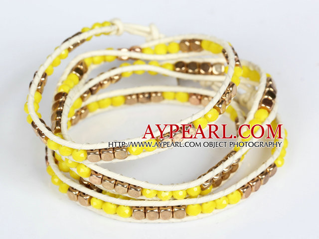 Yellow Crystal and Copper Beads Four Times Wrap Bangle Bracelet