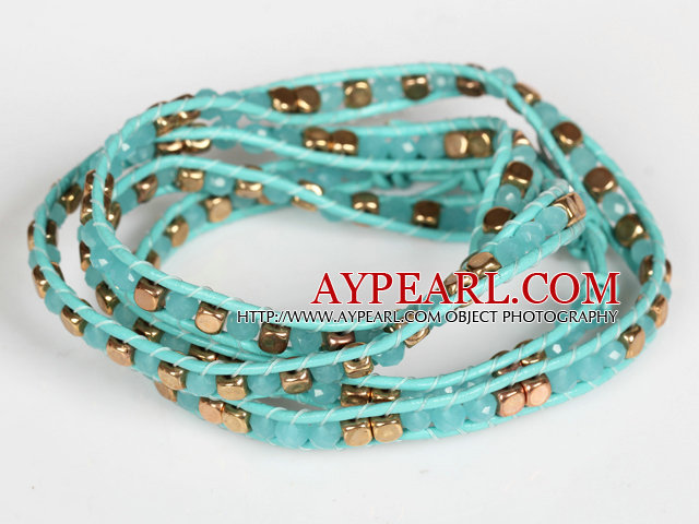 Lake Blue Crystal og Kobber perler Four Times Wrap Bangle Bracelet