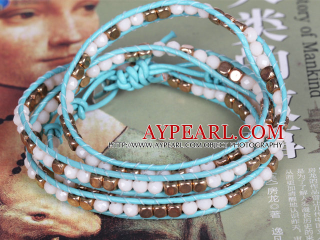 White Crystal and Copper Beads Four Times Wrap Bangle Bracelet