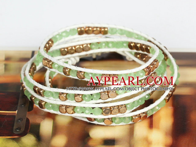 Light Green Crystal and Copper Beads Four Times Wrap Bangle Bracelet