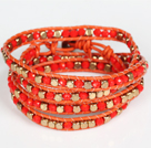 Red Crystal and Copper Beads Four Times Wrap Bangle Bracelet