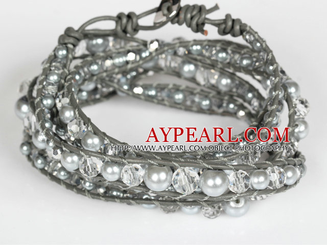 Clear Crystal og Gray Immitation Pearl Wrap Bangle Bracelet