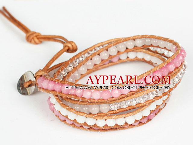Pink Jade and White Jade and Clear Crystal Wrap Bangle Bracelet