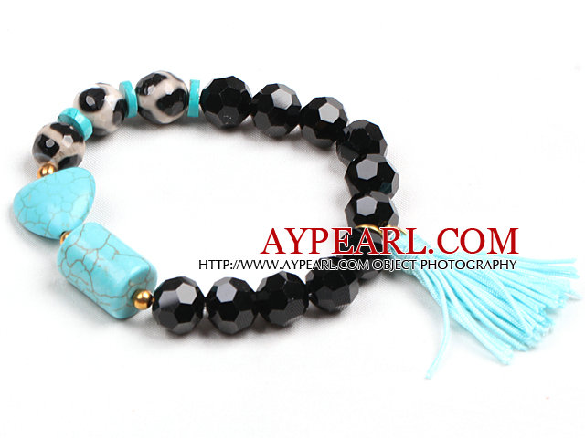 Simple Cylinder And Heart Shape Blue Turquoise Hand-Painted Agate Black Crystal Beads Stretch / Elastic Bracelet With Blue Tassel