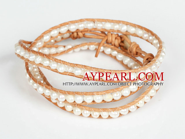 4-5mm Natural White Freshwater Pearl Leather 3 Times Wrap Bangle Bracelet