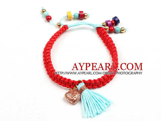 Vakker Turquoise Coral Red Thread Woven justerbar snor armbånd med blå dusk Og Golden Rose Color Hollow Hjerte