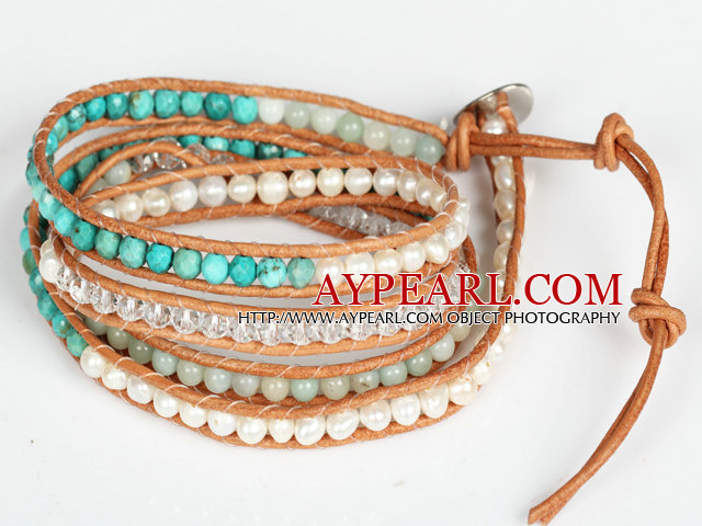 Pearl og Turkis og Amazon Stone perler Four Times Wrap Bangle Bracelet