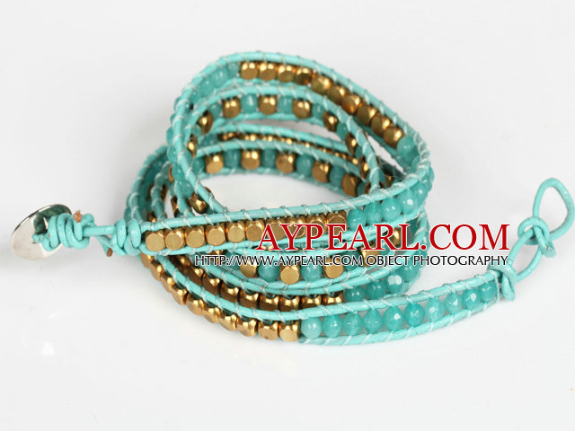 Jade bleu et perles cuivre Quatre fois Wrap Bracelet