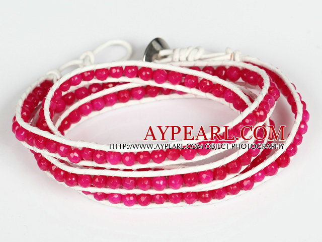 4mm Hot Pink Color Candy Jade perler Four Times Wrap Bangle Gracelet