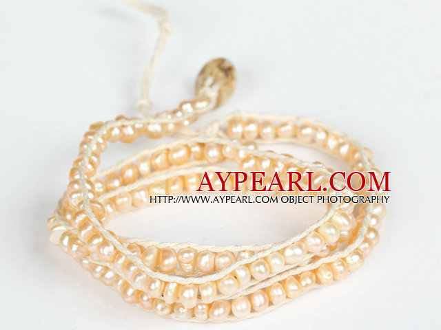 3-4mm bébé rose perles perles Three Times Wrap Bracelet avec fermoir Shell