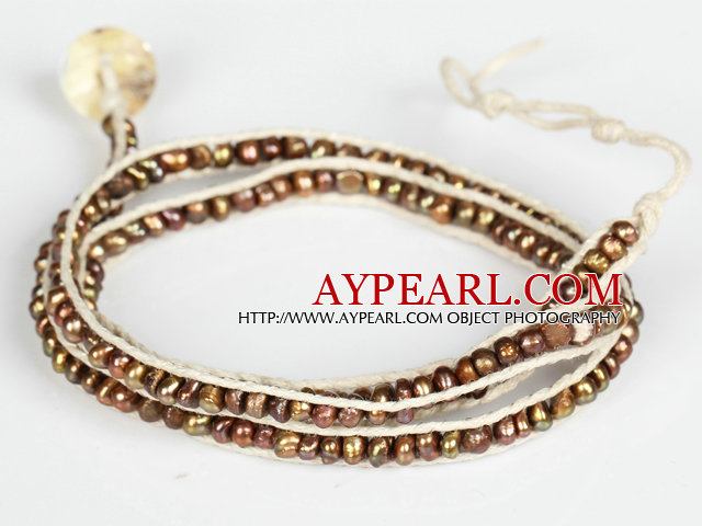 3-4mm Brown Pearl Beads Three Times Wrap Bangle Bracelet with Shell Clasp