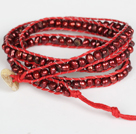 Discount 3-4mm Wine Red Pearl Beads Three Times Wrap Bangle Bracelet with Shell Clasp