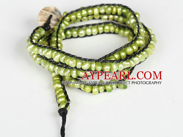 3-4mm Green Pearl Beads Three Times Wrap Bangle Bracelet with Shell Clasp