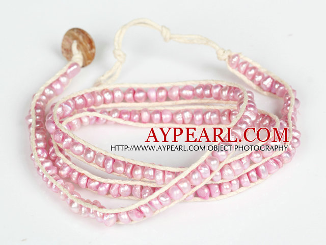 3-4mm Pink Pearl Beads Three Times Wrap Bangle Bracelet with Shell Clasp