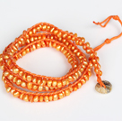 3-4mm Orange Pearl Beads Three Times Wrap Bangle Bracelet with Shell Clasp