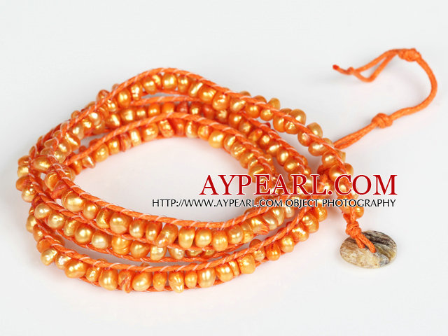 3-4mm Orange Pearl pärlor tre varv Wrap Bangle Armband med Shell Lås