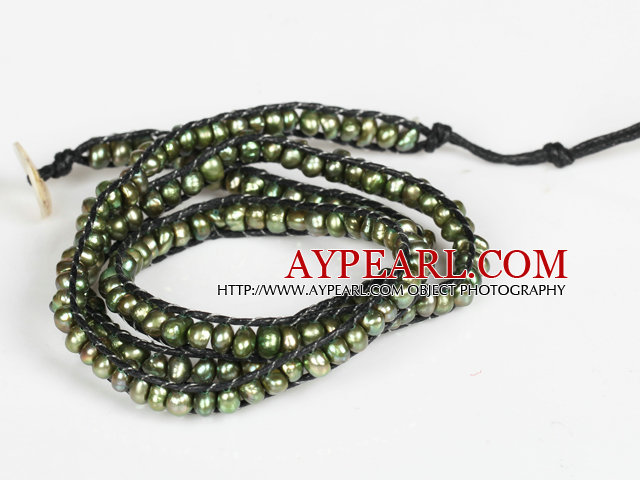 3-4mm Army Grønn Pearl Perler Three Times Wrap Bangle Bracelet med Shell Clasp