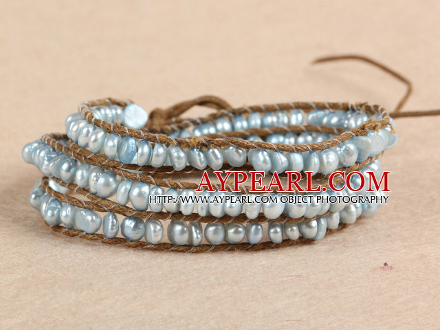 3-4mm lys grønn perle perler Three Times Wrap Bangle Bracelet med Shell Clasp