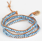 3-4mm Blue Pearl Beads Three Times Wrap Bangle Bracelet with Shell Clasp